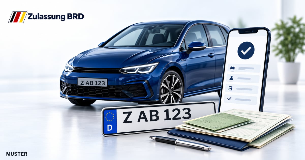 Online Fahrzeugzulassung in Mülsen: Musterkennzeichen Z AB 123, Auto und Fahrzeugpapiere und Smartphone. Illustration mit Logo von Zulassung BRD.